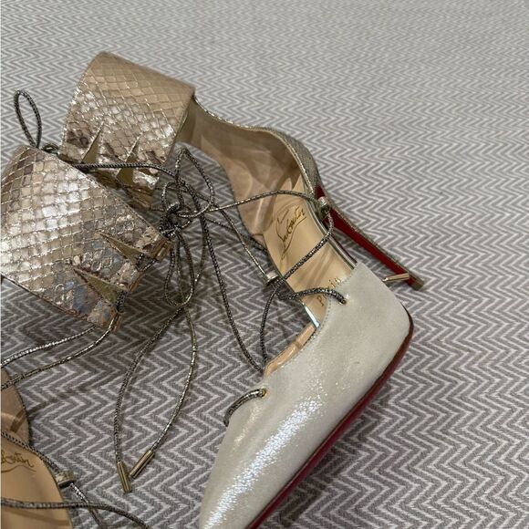 Christian Louboutin Cord Ankle  100mm Gold Lace-Up Heels Size 7.5 - Picture 9 of 15